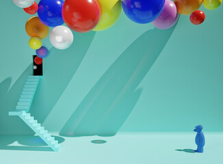 3D illustration of interior backwall, door and staircase with man watching balloons emerging from door	