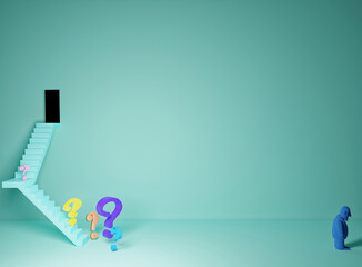 3D illustration of interior backwall, door and staircase. Man turning his back on question marks down the stairs	