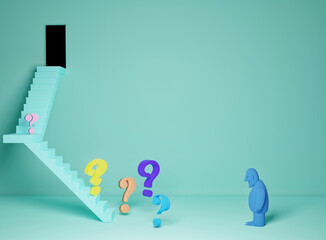 3D illustration of interior backwall, door and staircase. Man looking at question marks down the stairs	