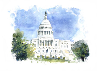 Watercolor Hand drew architecture sketch illustration of Capitol Washington DC the USA 