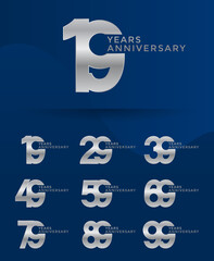 Set of Anniversary logotype and silver color with blue background for celebration