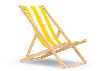 Yellow striped beach chair for summer getaways isolated on white background. - obrazy, fototapety, plakaty