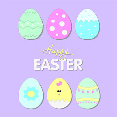 Happy Easter holiday card with colorful Easter eggs, flat vector illustration