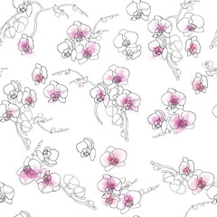 orchid flowers, phalaenopsis, contour black on a white background, watercolor stains orchid, flowers, black contour, white background, pink watercolor, seamless pattern, hand-drawing - obrazy, fototapety, plakaty