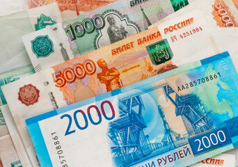 Russian paper currency.  Money, banknotes. 1000, 2000, 5000 rubles.