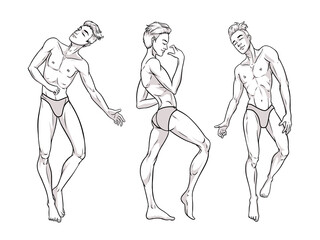 Sexy handsome men dancing in underwear, stripper, go-go boy, gay club disco, vector illustration in black and white