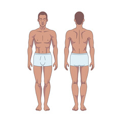 Black man figure standing, silhouette, front and back view. Male body anatomy diagram. Removable underwear. Vector illustration