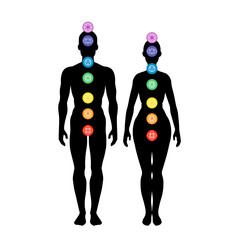 Seven chakra system in human body, infographic with male and female silhouette, standing man & woman, vector illustration - 496924741