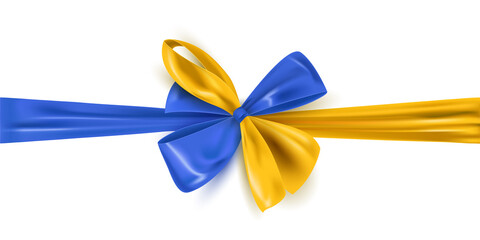 Realistic bow, ribbons in colors of Ukrainian flag, isolated on white background. Ukraine symbol of freedom. Vector illustration