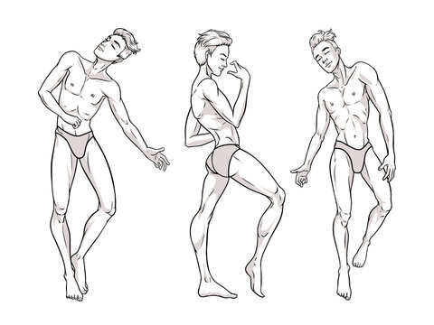 Sexy handsome men dancing in underwear, stripper, go-go boy, gay club disco, vector illustration in black and white