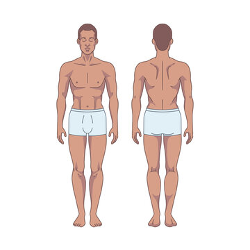 Black man figure standing, silhouette, front and back view. Male body anatomy diagram. Removable underwear. Vector illustration