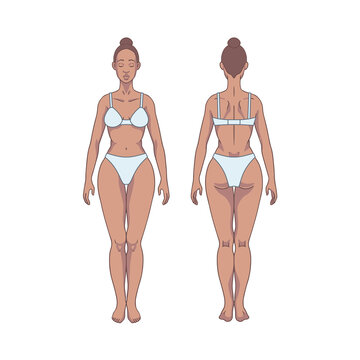 Black woman figure standing, silhouette, front and back view. Male body anatomy diagram. Removable underwear. Vector illustration