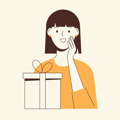Illustration of a happy and surprised woman looking at the gift box. Minimalist flat vector design.