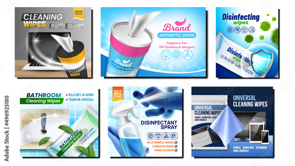 Poster Cleaning Wipes Creative Promo Posters Set Vector. Cleaning Wipes Blank Package, Container And Spray Advertising Banners. Disinfection Napkin For Wash And Clean Style Concept Template Illustrations