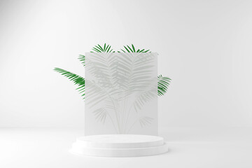 product display marble podium with nature leaves background. 3D rendering.