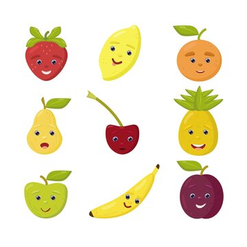 Set of emotions fruits and berries: strawberry, lemon, orange, pear, cherry, pineapple, apple, banana, plum.