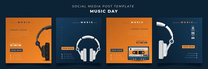 Set of social media post template with headset and cassette design for world music day design