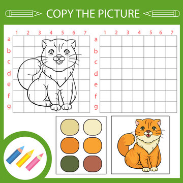 Kids drawing game. Copy draw cat. Kids art lesson. Children education activity page and worksheet with fun riddle.