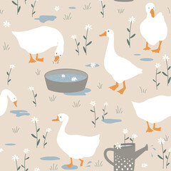 Cute seamless pattern with goose and doodle flowers after the rain. Geese in the grass. Vector illustration on white background © Toltemara