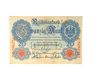 Fototapeta na wymiar Deutsche Reichsbanknote, 1914, vor weißem Hintergrund