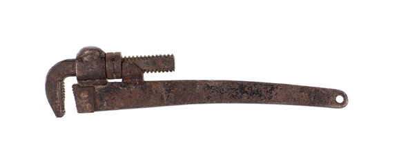 old rusty adjustable wrench isolated on white background