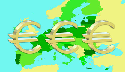 europe and euro currency, 3D graphics of the euro, with europe in the background. Symbol of the European currency used to import, export and buy everywhere.
