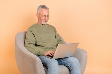 Photo of good old grey hairdo man sit look laptop wear eyewear pullover jeans isolated on beige...