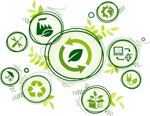 Circular economy vector illustration. Green Concept with icons related to reuse, reduce, recycle concept; sustainable product, environmental protection, resource consumption, ecological responsibility
