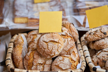 Close-up of artisan bread rolls.