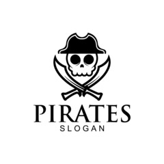 Pirate Skull with hat and Crossing Swords Sailor emblem logo design