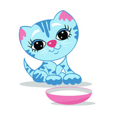 A cute cat with a plate of milk, a sweet blue kitty with stripes