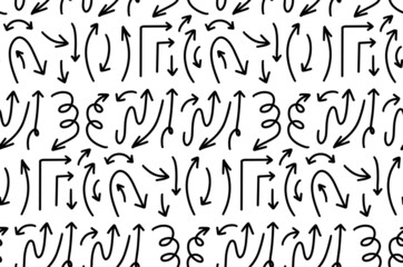 Seamless pattern with different black hand drawn arrows on white background. Business target backdrop with various arrow signs.