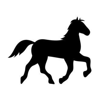 Illustration drawing of a horse. Black silhouette of a running horse. Image of a mare. Isolated on white background. Vector graphics