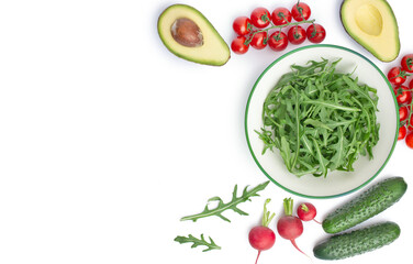 white background with ingredients for vegetable salad