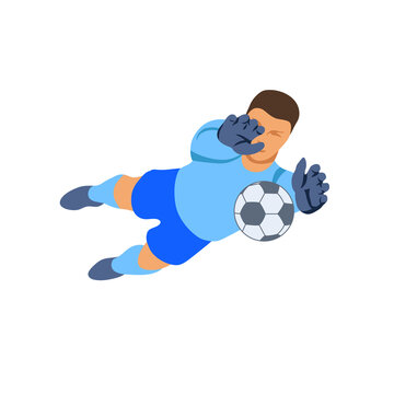 Color illustration of a soccer player with a ball. Goalkeeper catches the ball in a jump. In flight catches. Sports game. Isolated on a white background. Vector graphics