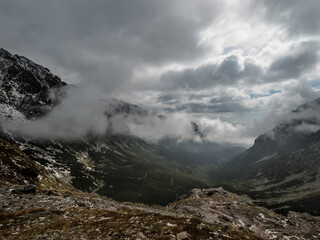 Fog in the mountains. Cloudy day in the mountains