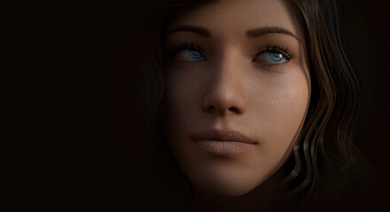 Fototapeta premium A beautiful woman with beautiful blue eyes on a dark background