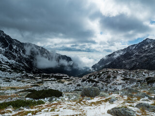 Fog in the mountains. Cloudy day in the mountains