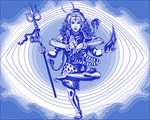 God Shiva. Linear drawing in gradations of blue color.
