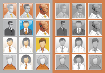 Collection of avatars of office people. Active color variant and inactive in grayscale. - obrazy, fototapety, plakaty