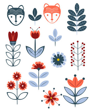 Set of plants and flowers with fox and wolf in Scandinavian folk style. Beautiful set of folk art isolated on the white background, for stickers, patterns, postcards.