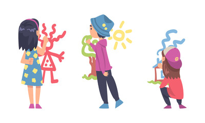 View from behind of cute boy and girls painting on wall with brushes and pencils cartoon vector illustration