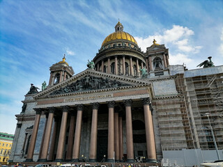 View of St. Isaac's Cathedral in scaffolding in spring