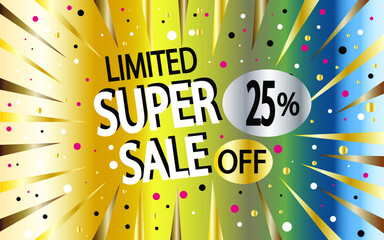 25% off. Super sale banner. Discount for stores and promotion with colored background