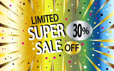 30% off. Super sale banner. Discount for stores and promotion with colored background