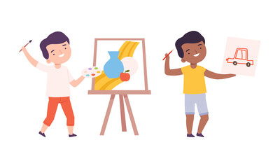 Cute boys painting with brush and paints set cartoon vector illustration