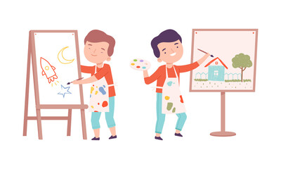 Cute happy boys painting with brush on easel set cartoon vector illustration