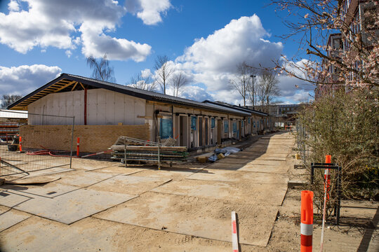 Herlev, Denmark - April 3, 2022: New house under construction and building materials. High quality photo