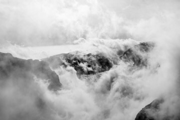 Panorama of the mountains, Black and white, Madeira island, Portugal, Pico de Arieiro - pico de Ruivo trail.