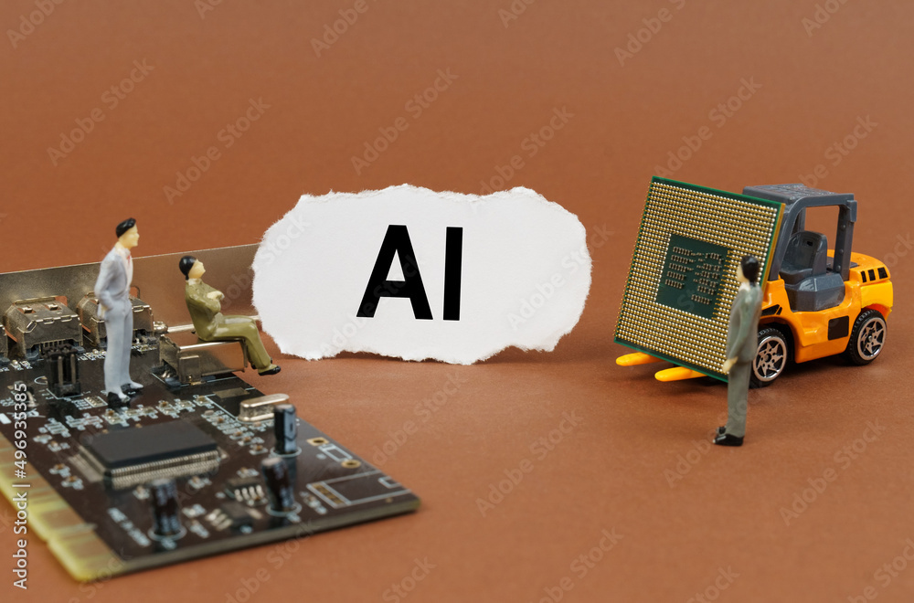 Aufkleber on a brown background, a loader, a processor, a microcircuit, figures of people and paper with the i